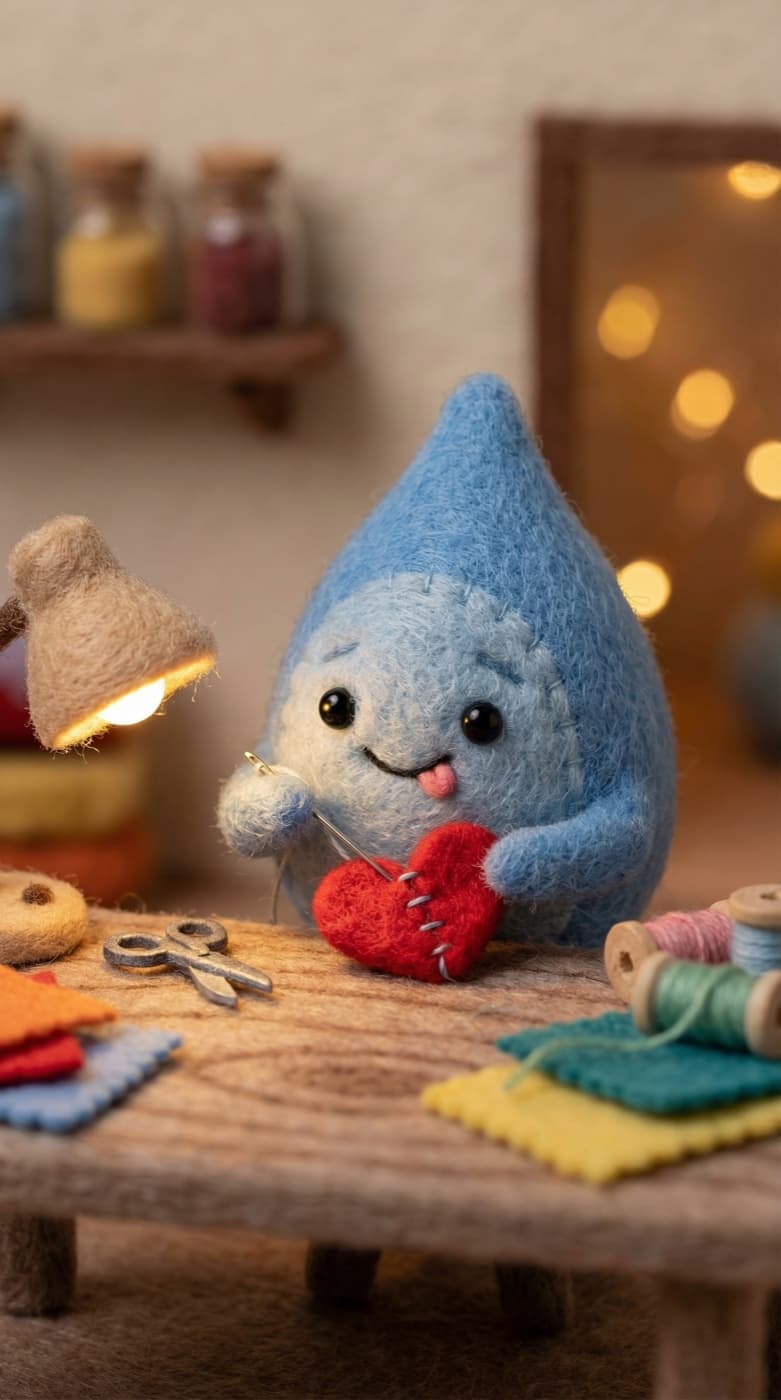 Teardrop stitching a heart in a cozy craft studio