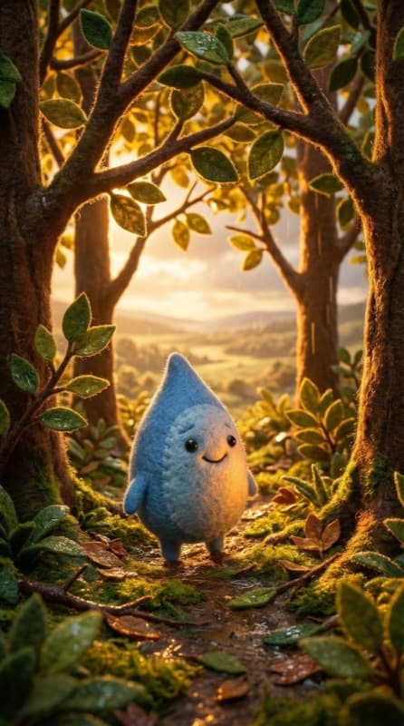 Teardrop walking through golden-hour trees