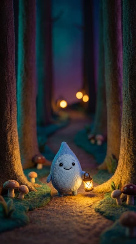 Teardrop carrying a lantern through a mushroom forest