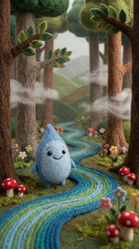 Teardrop by a colorful knitted stream in a misty forest