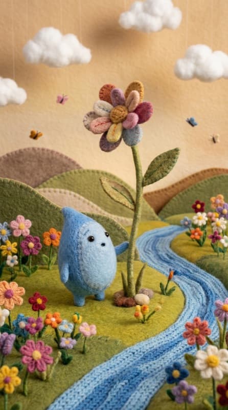 Teardrop by a giant flower in a felt valley