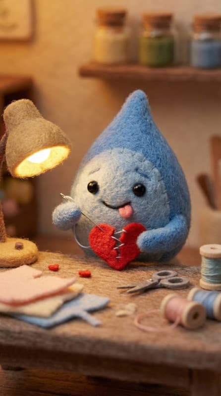 Teardrop at his craft desk, stitching a heart back together